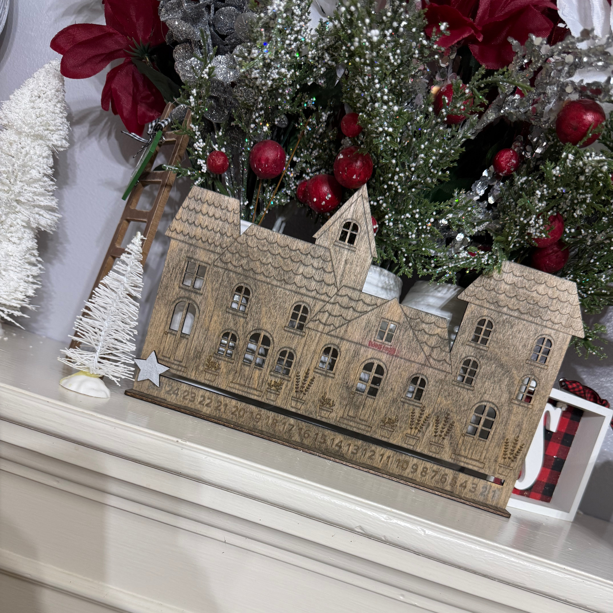 Rustic Wooden Christmas Countdown Calendar | Engraved Christmas Village Decor