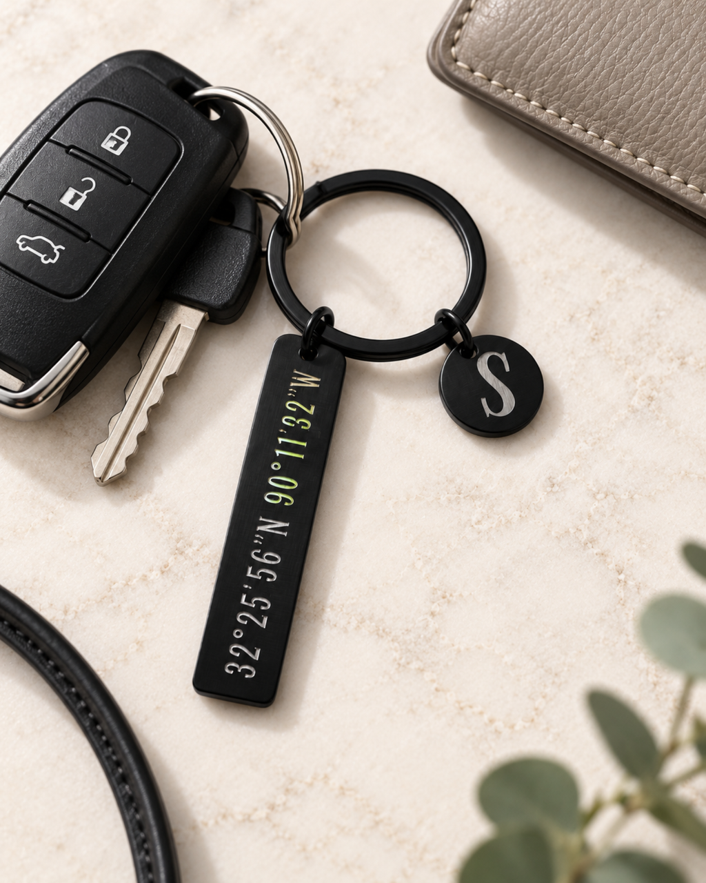 Personalized Coordinate Keychain with Initial Charm