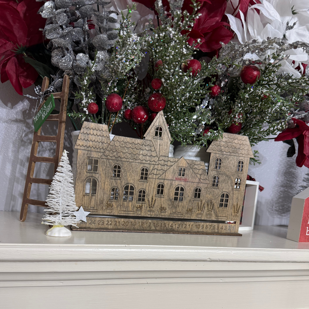 Rustic Wooden Christmas Countdown Calendar | Engraved Christmas Village Decor