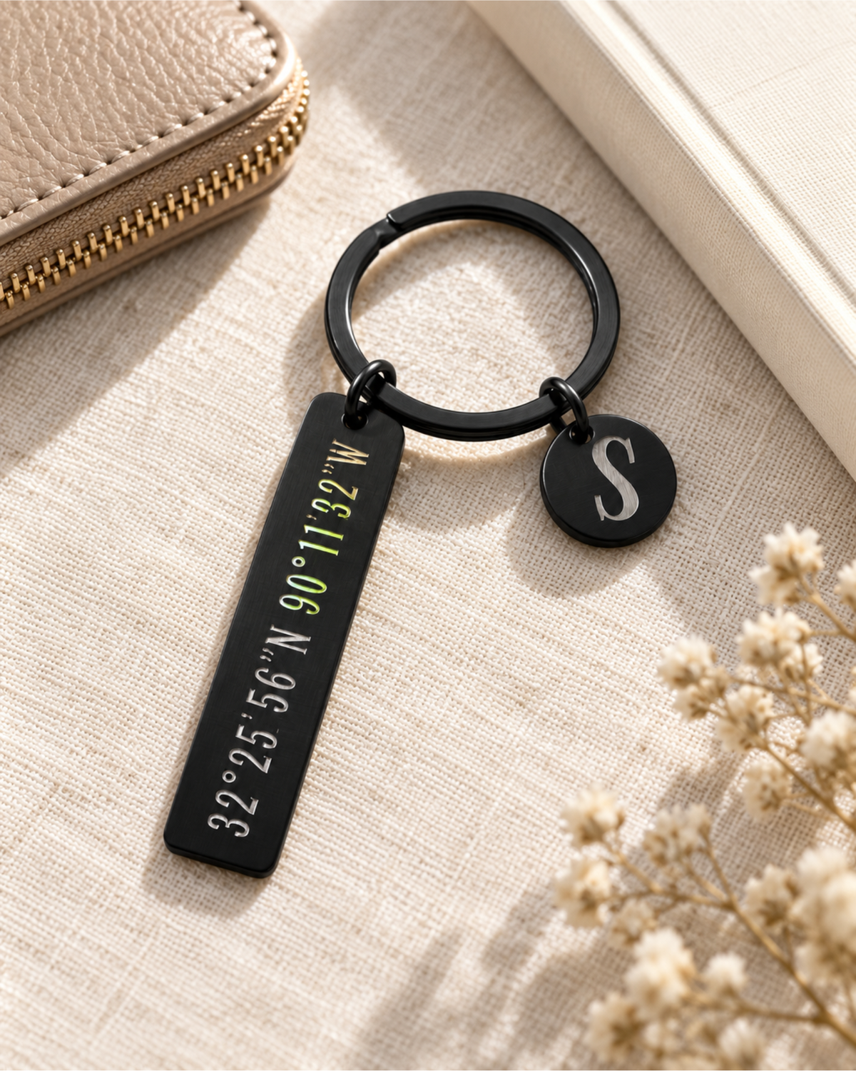 Personalized Coordinate Keychain with Initial Charm