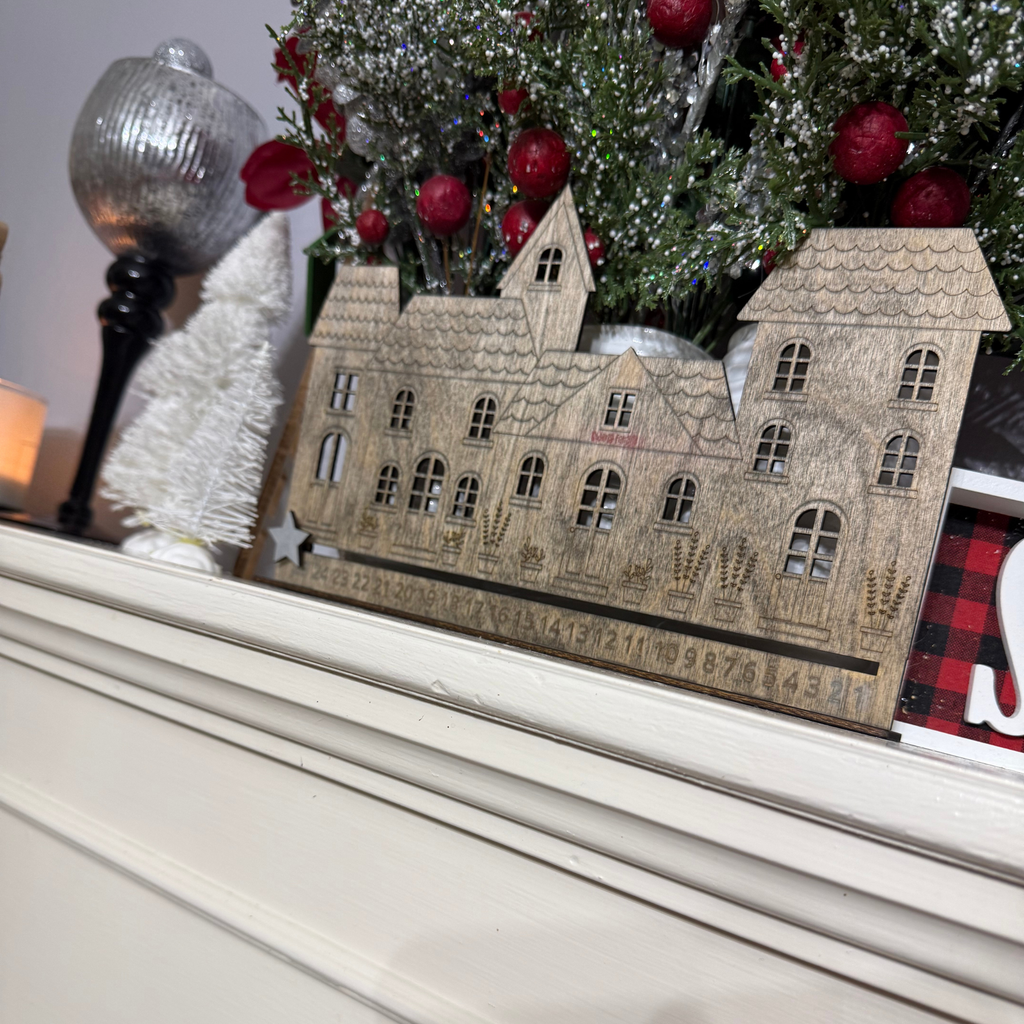 Rustic Wooden Christmas Countdown Calendar | Engraved Christmas Village Decor